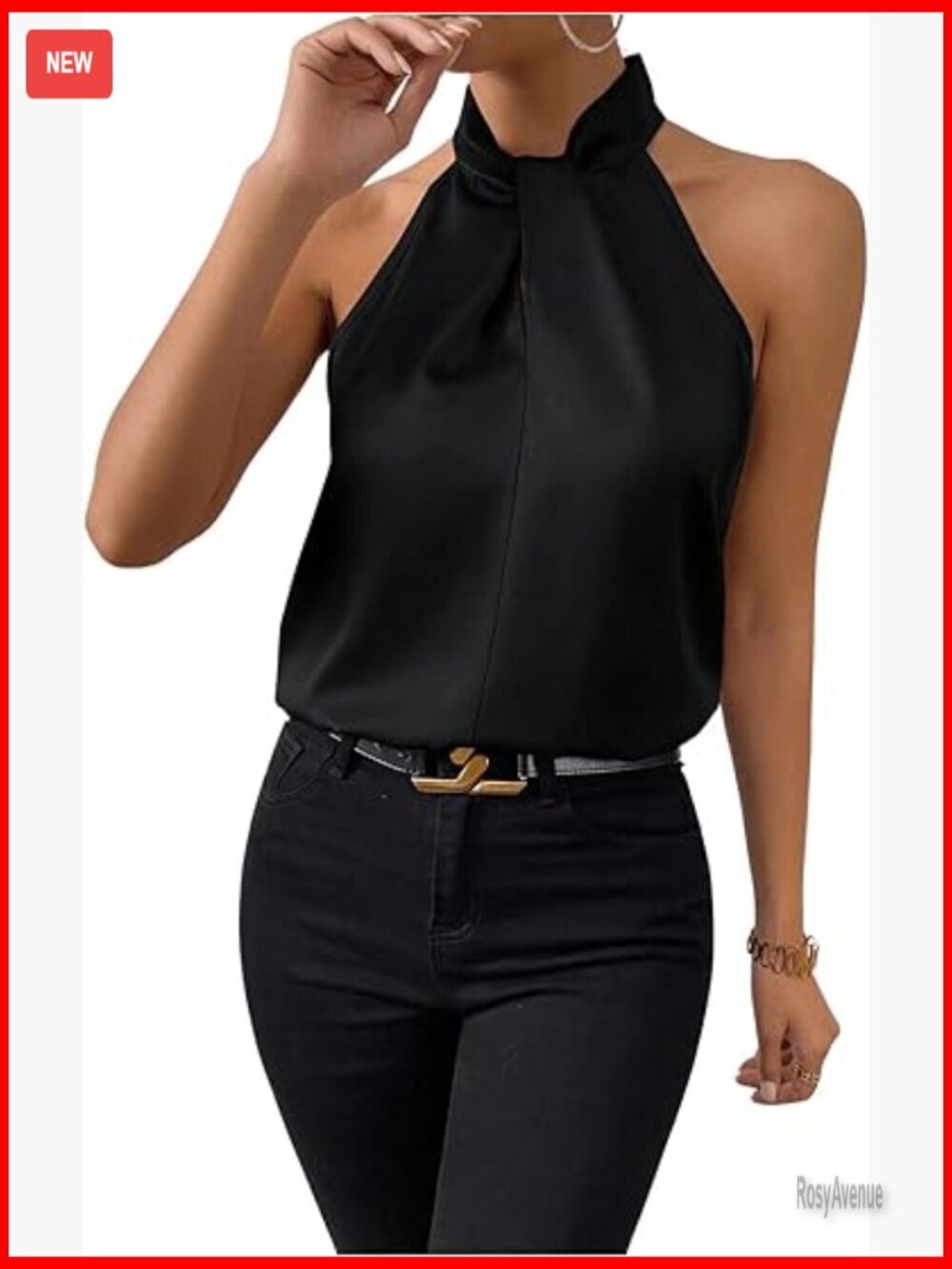 Satin Halter Twist Front Tank Top Keyhole Back Sleeveless Blouse
